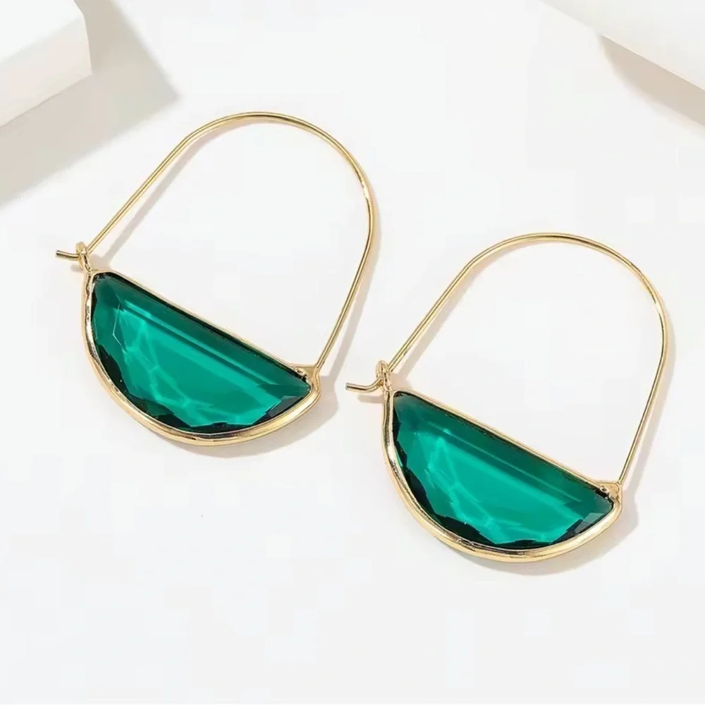 Emerald Green Glass Crescent Hoop Gold Earrings